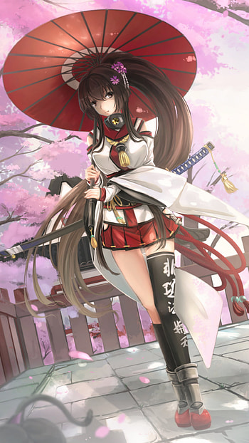 brown hair, long hair, sword, cat, sakura, umbrella, Anime, Kantai Collection, anime cat HD phone wallpaper