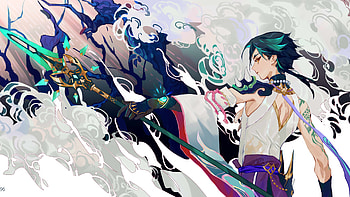 Xiao Trident Colorful Smoke Background Genshin Impact HD wallpaper