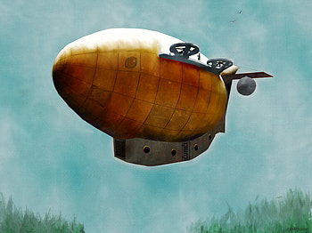 Flying Machine, clouds, trees, sky, blimp HD wallpaper