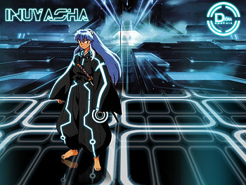 Inuyasha: Legacy, silver hair, tron legacy, black, glow, cross over, inuyasha, long hair, bodysuit, movie, male, handsome, magic, scene, crossover, dark, boy, anime, fantasy, light, tron, white hair, cosplay, guy HD wallpaper