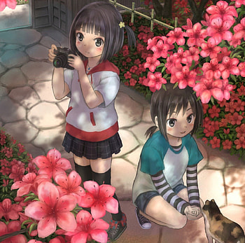 Lil' grapher, children, cute, floral, girl, anime girl, kawaii, anime, petals, flower, camera, kid, short hair, , child, blossom, female HD wallpaper