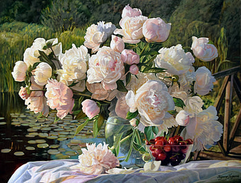 Peonies and cherries, flower, red, peony, berry, bujor, art, zbigniew kopania, still life, pink, painting, pictura, fruit HD wallpaper