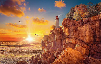 Lighthouse painting, lighthouse, art, fantasy, mountain HD wallpaper