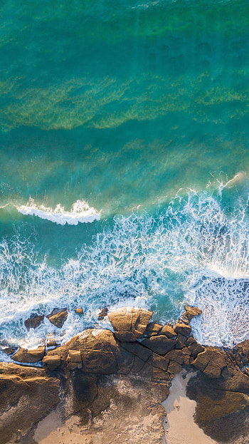 Coast, rocks, blue-green sea, sea waves, drone shot, nature HD phone wallpaper