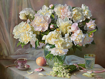 Still life, art, vase, peony, coffee, fruit, cup, bujor, zbigniew kopania, painting, pictura HD wallpaper