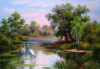 By Elena Lebedeva. Heron!, river, painting, bird, art, elena lebedeva, sky, nature, tree HD wallpaper