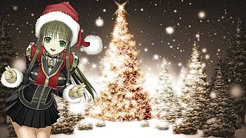Merry X'Mas, winter, bell, cute, long hair, dress, nice, xmas, holiday, abstract, snow, blonde hair, hat, female, christmas tree, sexy, sweet, merry christmas, hot, girl, beautiful, tree, star, anime girl, anime, pretty, christmas, light, green eye HD wallpaper