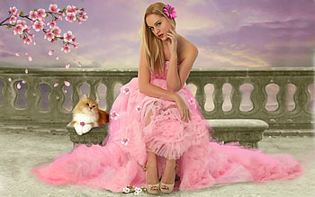 Waiting Here For You , softness, bench, blonde, Sitting, beautiful, Feminine, pink, lady, digital, pretty, gown, lovely HD wallpaper