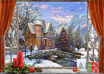 Mountain View, winter, window, Tree, house, candle, snow, christmas, decorations, bridge, Mountain HD wallpaper
