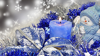Snowman in Blue, Feliz Navidad, ribbon, flame, Firefox Persona theme, snowman, Christmas, candle, light, sparkle, shine HD wallpaper