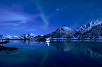 Lofoten Night Reflection, night, ship, Norway, snow, polar lights HD wallpaper