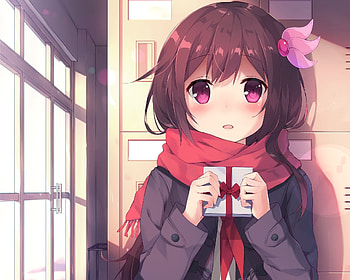 - anime girl, valentine's day 2017, shy expression, red scarf HD wallpaper