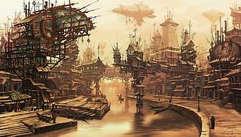 Village Steampunk, river, buildings, boat, art, airship HD wallpaper
