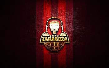 Basket Zaragoza, golden logo, ACB, red metal background, spanish basketball team, Basket Zaragoza logo, basketball, Basket Zaragoza 2002 SAD HD wallpaper