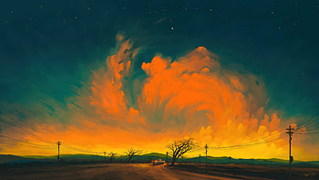 Cinematic Sky Landscape Wavy Clouds, sky, landscape, clouds, orange, trees, truck, artist, artwork, art, digital-art, deviantart HD wallpaper
