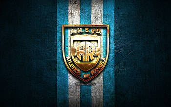 Atletico de Rafaela FC, golden logo, Primera Nacional, blue metal background, football, argentinian football club, Atletico de Rafaela logo, soccer, Atletico de Rafaela, Argentina, AMSyD Atletico de Rafaela HD wallpaper