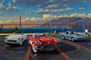 Golden Gate Corvettes, cars, bridge, oldies, san francisco, golden gate, corvettes HD wallpaper