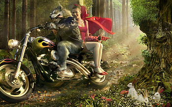 Devil may Care, bike, happy, girl, wolf HD wallpaper