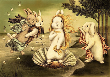 :D, animal, bunny, summer, shell, aphrodite, creative, fantasy, iepuras, funny, easter, rabbit HD wallpaper