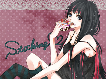 stocking, pink, blue eyes, love, blush, black hair, long hair HD wallpaper