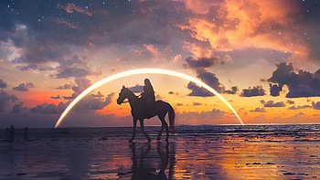 Horse Rider Sunset Beach Side Artwork, horse, sunset, artist, artwork, digital-art HD wallpaper