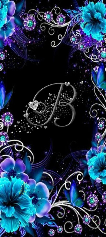 Letter b, flowers, blue, black, hearts, purple, silver, cute, heart HD phone wallpaper