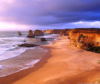 The beach, blue sky, shore, sand, cliffs, clouds, ocean HD wallpaper