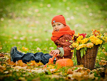 Enjoying the nature, basket, boy, flower, pumpkin, grass, people HD wallpaper