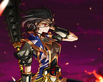 Xiahou Dun, night, cute, red eyes, lace, short hair, sparks, warrior, female, sexy, eyepatch, hot, girl, dark, armor, anime girl, anime, weapon, fire HD wallpaper