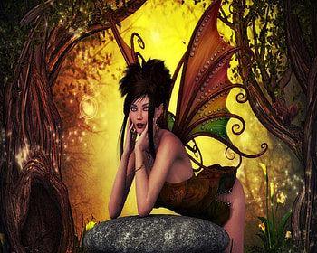 Fall Fairy, fairy, woods, yellow, green, red, rock, female HD wallpaper