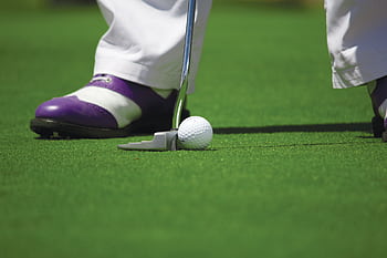 A golf player prepares to hit a ball with a putter on a green course. HD wallpaper