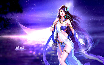 MOON ANGEL, swans, moon, game, cresent, goddess, pond HD wallpaper