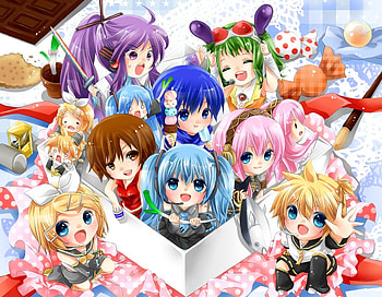 Vocaloid, purple hair, stars, purple eyes, ponytail, kagamine rin, short hair, blonde hair, happy, female, hair band, sexy, blue eyes, hatsune miku, sweets, sword, smile, ribbon, meiko, hot, blue hair, girl, eating, kaito, pink hair, hairpins, anime girl, anime, takoluka, brown hair, kamui gakupo, hatchune miku, cute, tattoo, twin tails, gumi, long hair, ahoge, chibi, goggles, male, kagamine len, brown eyes, food, boys, boy, choker, megutine luka, girls, green hair, blush HD wallpaper
