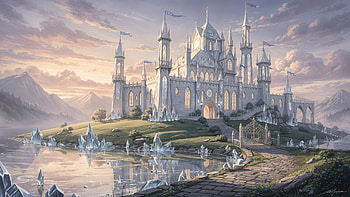 Crystal Keep: Fairytale Castle, Lake, Mountain HD wallpaper