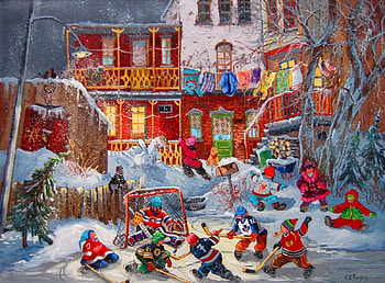Playing hockey, winter, children, fun, art, house, kids, hocjey, beautiful, play, painting, yard, snow, game, joy HD wallpaper