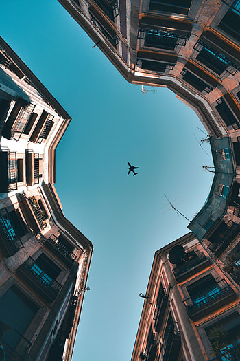 Sky, Architecture, Building, Miscellanea, Miscellaneous, Plane, Airplane, Facades HD phone wallpaper