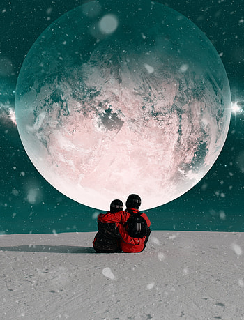 Universe, Moon, Snow, Love, Couple, Pair, Embrace HD phone wallpaper