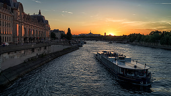 Ship, River, , Paris, Boat, Evening, France, Passenger Ship, Seine, Sunset, Cities HD wallpaper
