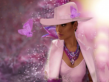 Delicate pink, necklace, girl, hat, colorful, white, butterflie, vibrant, purple, pink, vivid, bright, bold HD wallpaper