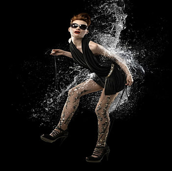 water splash in dark, wet, splash, sandal, dress, water, woman, glasess, dark HD wallpaper