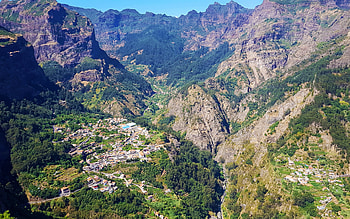 Curral das Freiras, aerial view, summer, mountain valley, mountain landscape, Madeira Island, Portugal HD wallpaper