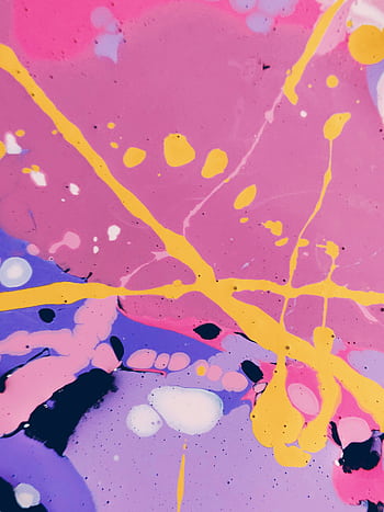 Dynamic abstract painting featuring vibrant splashes of yellow, pink, and purple hues. HD phone wallpaper