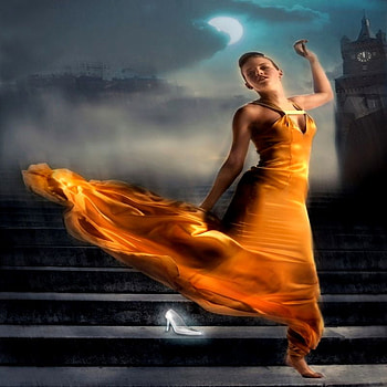 CINDERELLA, night, shoes, run, orange, dress, woman, away, stairs, lost, yellow HD wallpaper