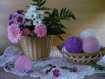 flowers, white, graphy, lace, basket, purple, still life, pink, abstract, yarn ball HD wallpaper