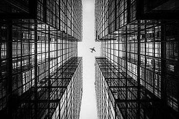 Building, Minimalism, Bw, Chb, Plane, Airplane, Facade, Bottom View, Hong Kong, Hong Kong S.a.r HD wallpaper