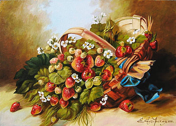 Elena Samarskaya . : Bast basket of a wood strawberry (copy). 2010 year., basket, strawberry, elena samarskaya, painting, art, fruit HD wallpaper
