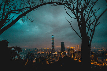 Cities, City, Lights, Evening, Urban Landscape, Cityscape, Tower, Thunderclouds, Storm Clouds HD wallpaper