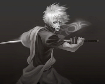Sakata Gintoki, kimono, black, gintoki, yukata, ninja, cute, short hair, male, handsome, white, sword, blade, sakata, boy, anime, gintoki sakata, monochrome, samurai, white hair, weapon, katana, gintama, guy HD wallpaper