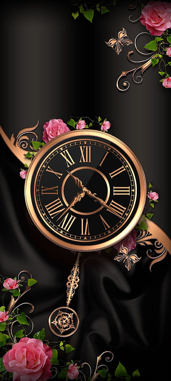 Retro gold Silk Clock, Flower, Beautiful, Luxury, Rose, Premium, Golden HD phone wallpaper