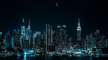 Manhattan skyline at night, New York City lights, Half moon backdrop, Stunning cityscape HD wallpaper